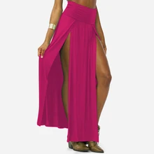 Womens High Waist Sexy Double Slit Front Open Knit Maxi Long Skirt Solid Color Pleated Irregular Hem Beach Skirt Bikini Cover Up