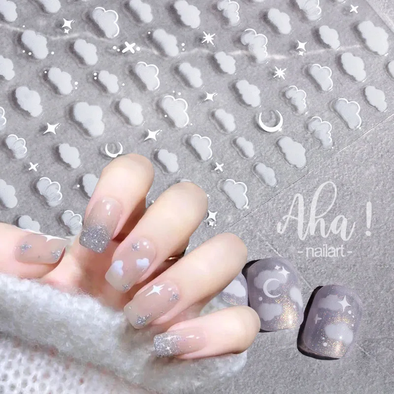 1Pc White Cloud Nail Stickers Ultra-thin Moon Heart Pattern Nail Art Stickers Self Adhesive Decals Decorations Accessories