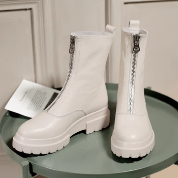 

Women Genuine Leather Boots fashion Handmade cow leather patent leather short boots Front zipper platform Shortboots Tube circ