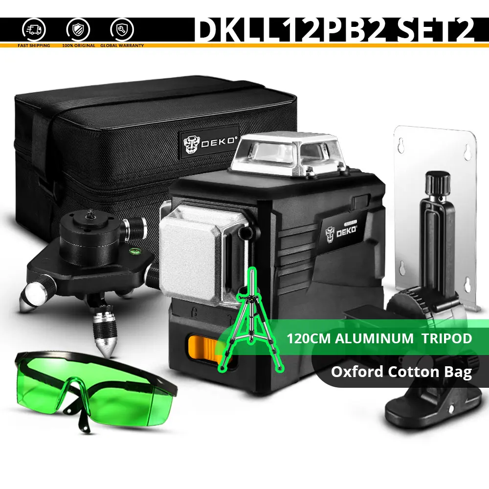 DKLL12PB2 SET2 DEKO DC Series 12 Lines 3D Green Laser Level Horizontal And Vertical Cross Lines With Auto Self-Leveling, Indoors and Outdoors - Цвет: DKLL12PB2 SET2