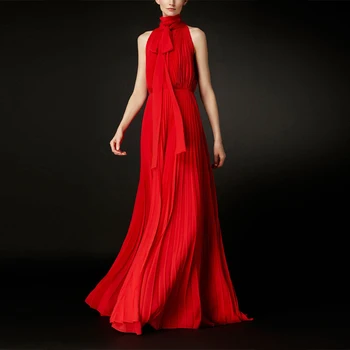 

2020 New Arrival Fashion Elegant Sleeveless Summer Long Maxi Pleated Dress For Women Bow Tie Neck Ladies Red Prom Party Vestidos