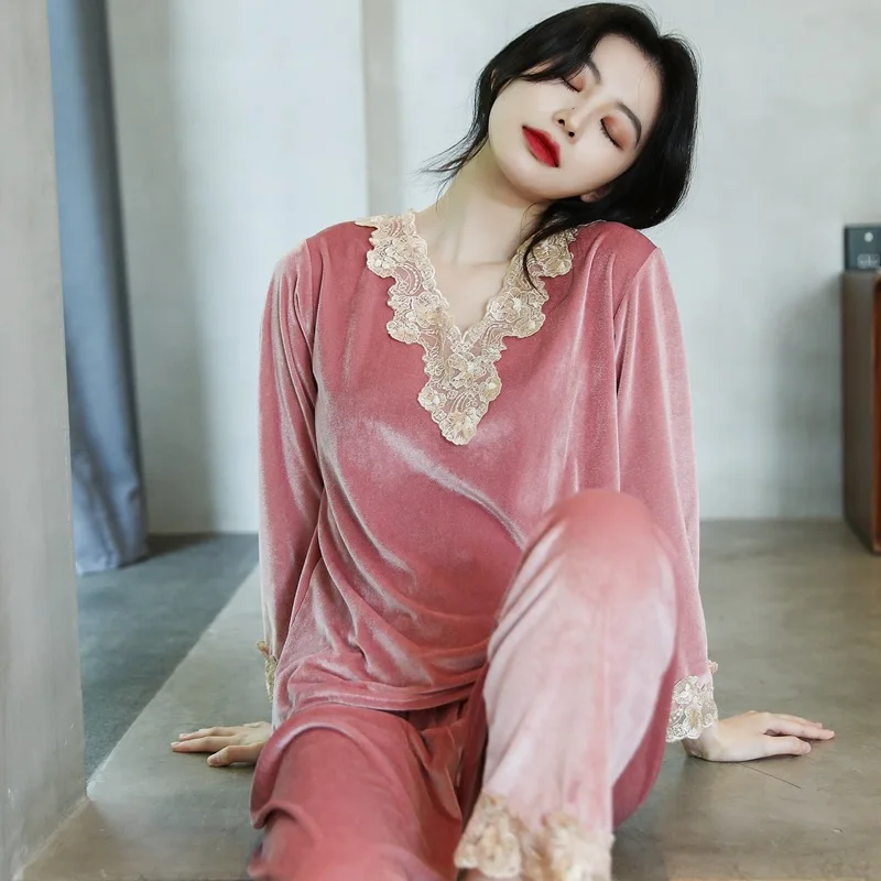 2021 Lace Pajamas for Women Comfortable Skin-friendly Long-sleeved Trousers Home Service Suit Pajamas Set Sleepwear пижама