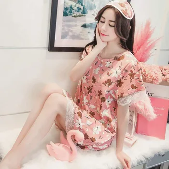 

Summer Women Sling Nightgown printing Tops Sexy Short Sleeve Pyjamas with Chest Pad Short Nightdress