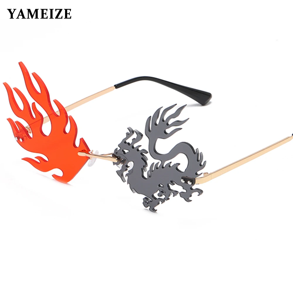 

YAMEIZE Personality Frameless Sunglasses Fire Phoenix Eyewear For Party Unique Rimless Sunglasses Irregular Vintage Eyeglasses