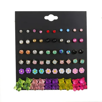 

trendy rhinestone pearl wedding earrings elegant mixed colorful resin flower bear stud earring set for women girl jewery gift