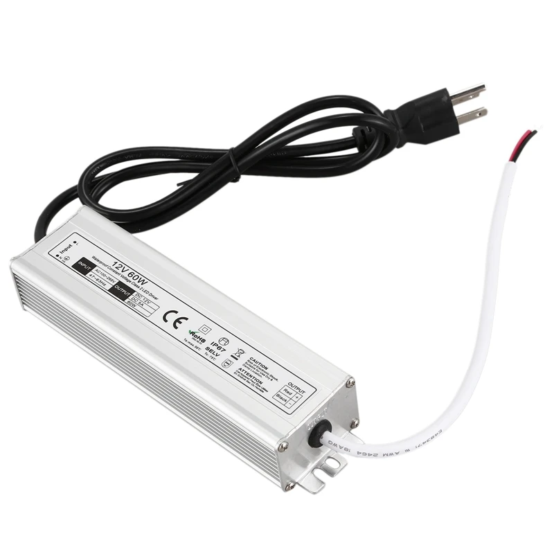 

BESTLED Driver 60W Waterproof IP67 Power Supply Transformer Adapter 80V-265V with 3-Prong Plug 3.3 Feet Cable for LED Light, Com