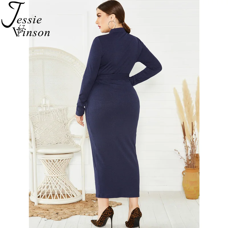 Jessie Vinson женское трикотажное платье с длинным рукавом и стоячим воротником, большие размеры, осенне-зимнее сексуальное облегающее платье миди платья с поясом