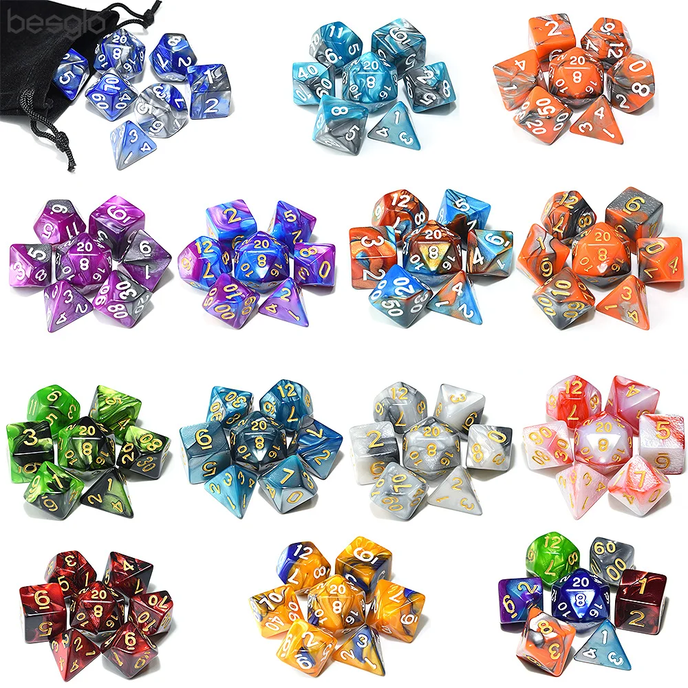 Mixed Color Dice Set for RPG Games with Black Velvet Pouch D4 D6 D8 D10 D% D12 D20