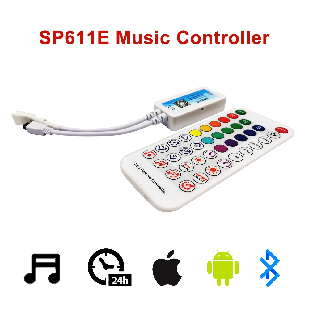 sp611e smart rgb controller bluetooth music app ir38 key remote control for ws2811 2812b addressable led rgb tape strip dc5v 24v DC5V-24V SP611E Music Led Controller Bluetooth App Built In Mic With IR Remote For 3PIN Individually Addressable 5050 RGB Strip