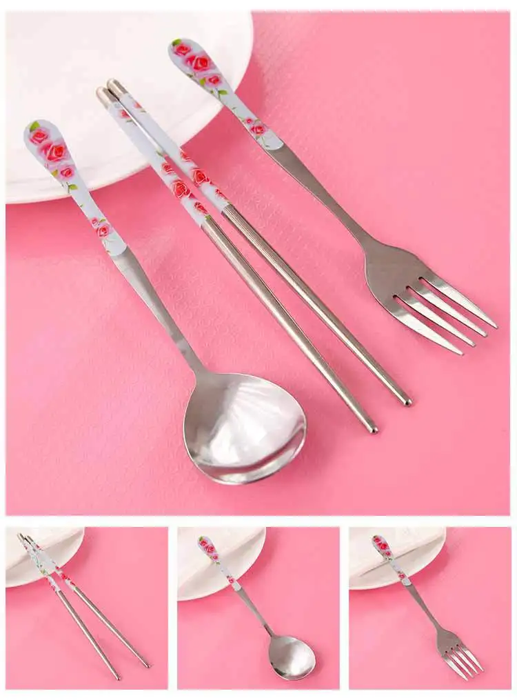 Portable Chinese-style Tableware Three-piece Set Stainless Steel Cutlery Chopsticks Spoon Fork Tableware Set Wholesale