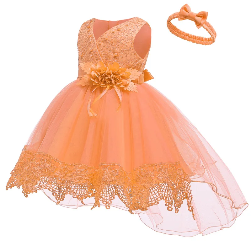 Кружевное платье принцессы с бантом для малышей; платье принцессы без рукавов с v-образным вырезом; вечерние платья для новорожденных 3-24 месяцев; Daptismal - Цвет: Orange