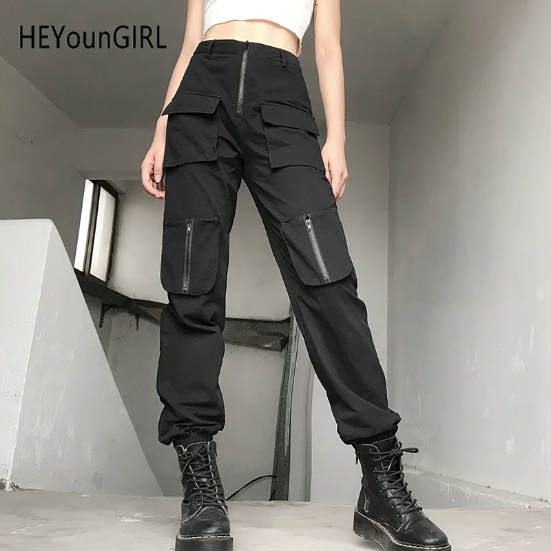HEYounGIRL Hip Hop Casual Black Cargo Pants Women Harajuku Punk Sweatpants Woman High Waist Trousers Ladies Streetwear Pockets