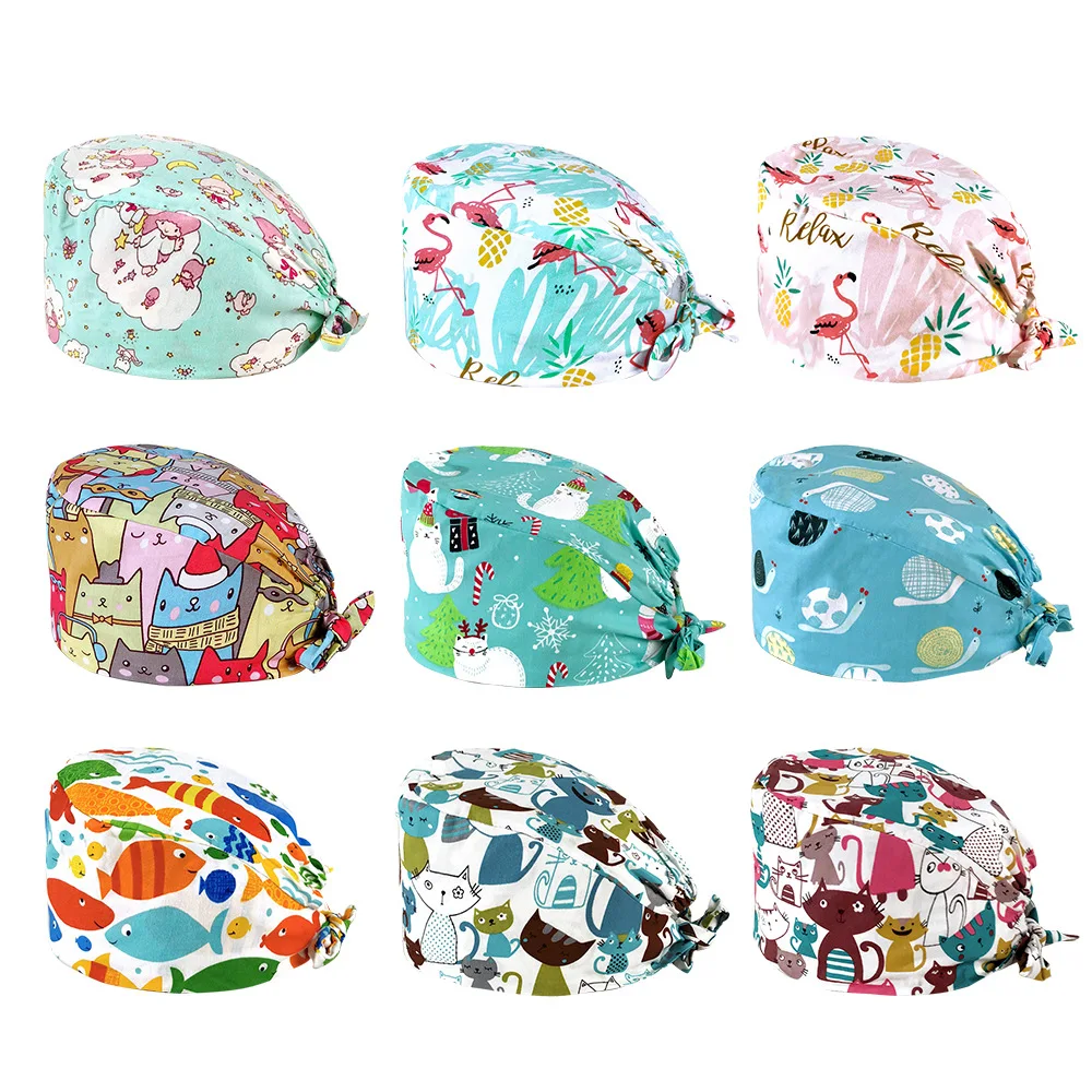 

Fashion Hot Style Wholesale Unisex Cartoon Cap Adjustable Lab Work Cap Baotou Cap Flowers Printing Hat Beauty Salon Work Hats