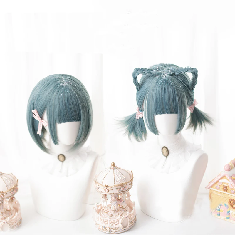 

Gradient Blue Green Lolita Wig Harajuku Cosplay BOBO Short Straight Sweet Bangs Synthetic Hair for Adult Girls
