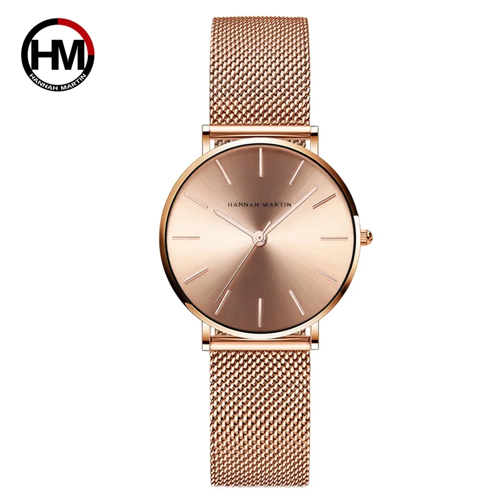 Relogio Feminino Hannah Martin, люксовый бренд, DW стиль, женские часы, нержавеющая сталь, сетка, розовое золото, водонепроницаемые женские кварцевые часы - Цвет: Rose Gold