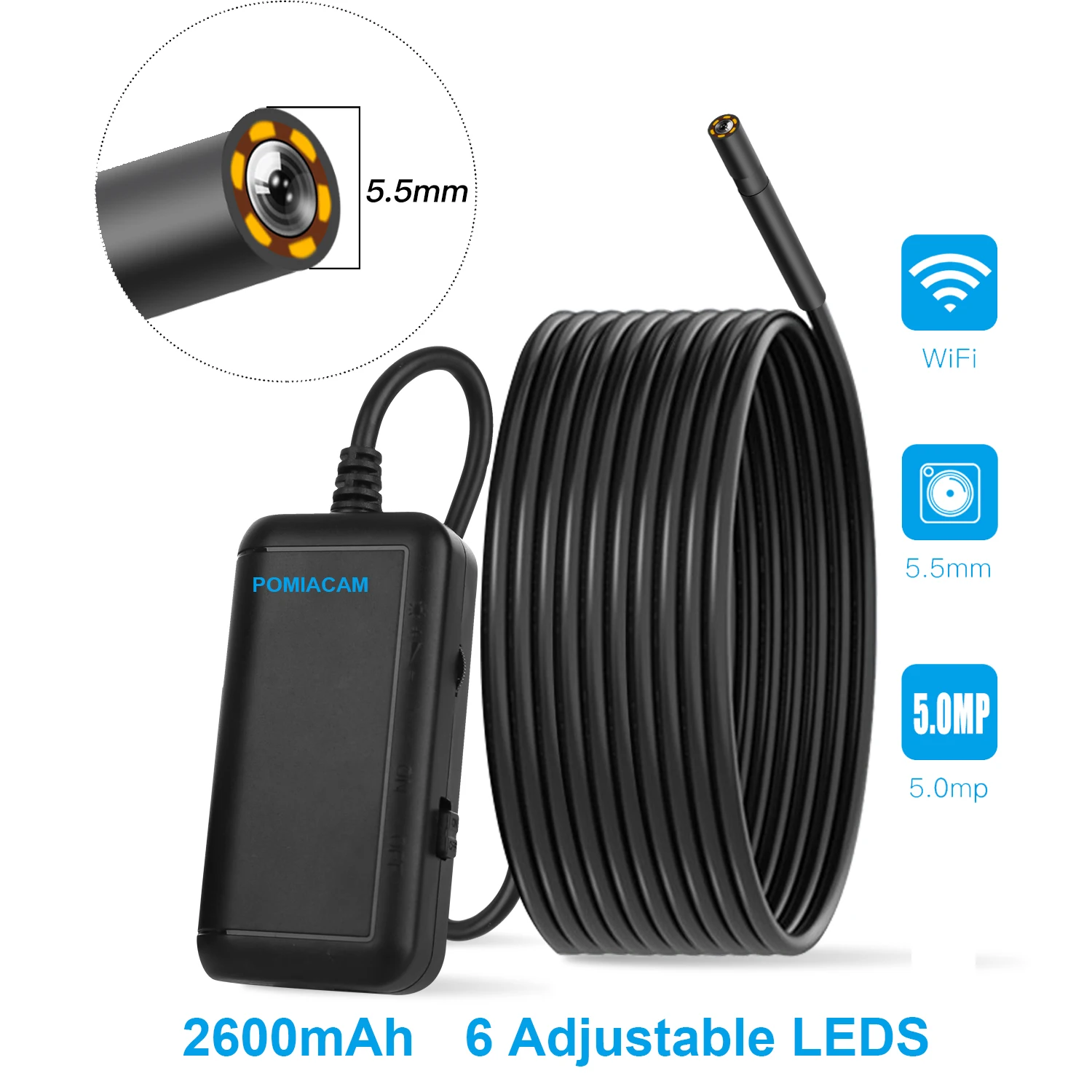 F220 WIFI  5MP HD WIFI Endoscope Camera Lens 6 LED IP67 Anto focus 5.0 Megapixels 2M 5m Industrial Inspection Camera for android