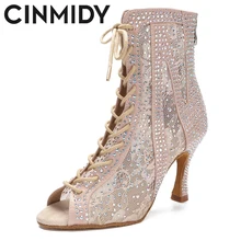 New Latin Dance Shoes For Women Salsa Tango Pole Dance Boots Sexy Belly Dance Shoes Professional Ballroom Mesh High Heels 7.5cm