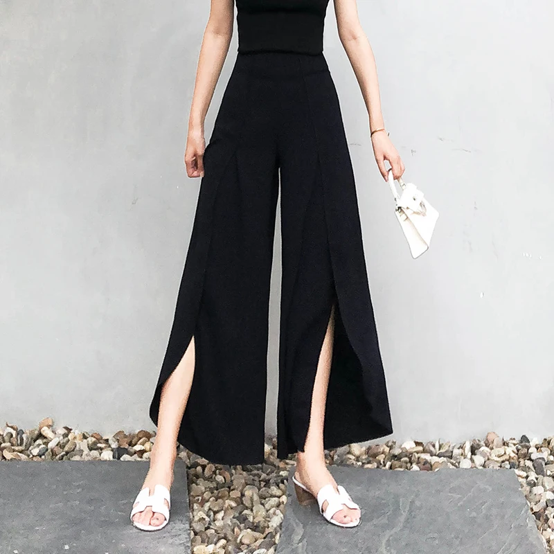 

Woman wide leg pants summer new female high waist Split drape casual black pants loose elegant lady trousers free shipping
