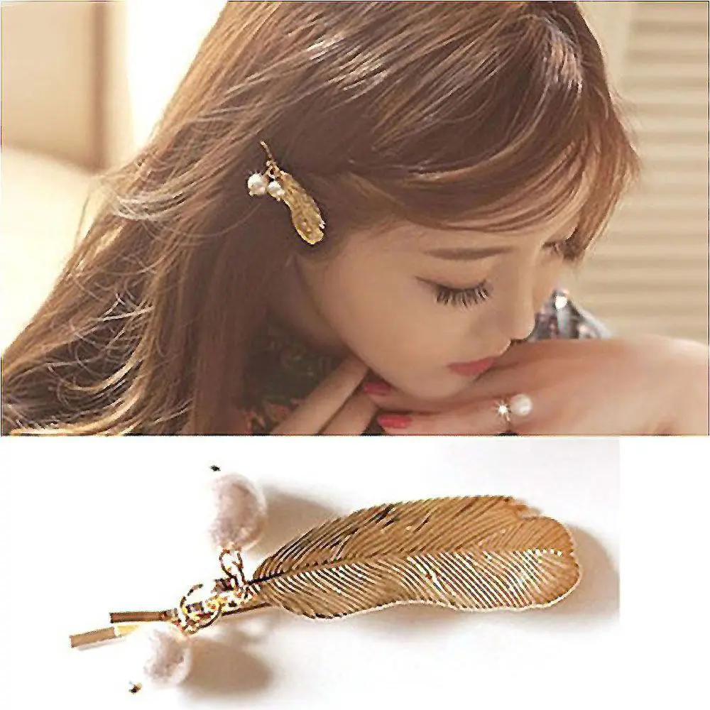 

Korean Fashion Women Retro Leaf Feather Imitation Pearl Hair Clip Hairpin Metal Feather Shape Hair Claws Hair Styling Tool
