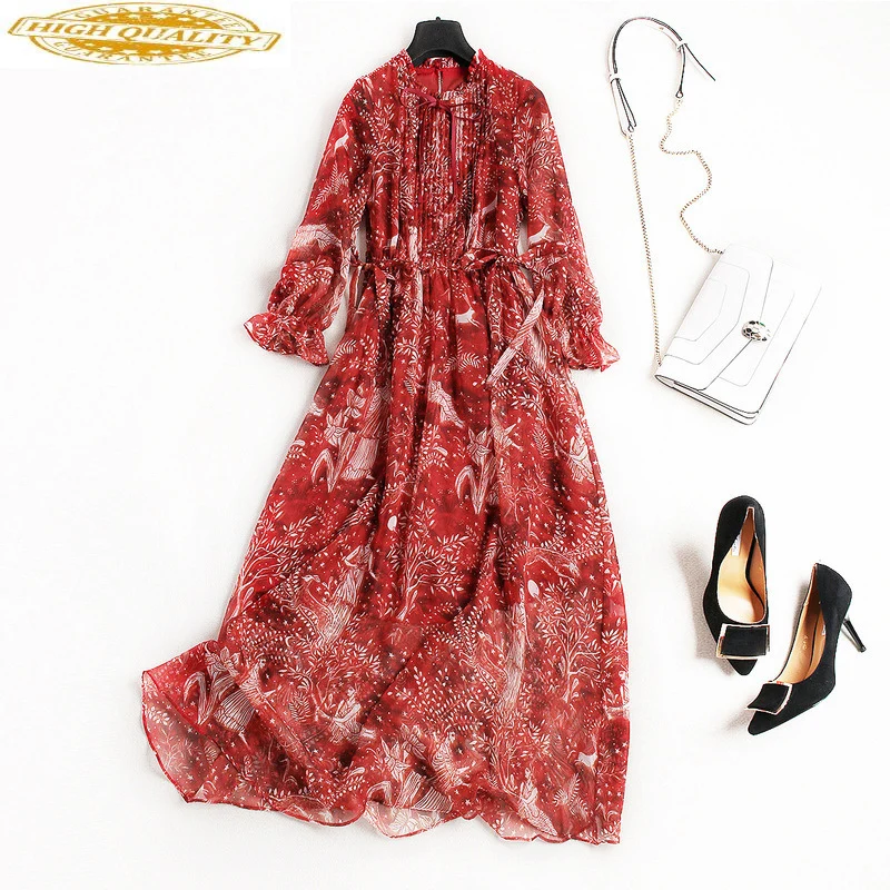 

Spring Dress for Womens Temperament Bow Elegant Printing Chiffon Long Sleeve Maxi Dress Party Night Red Dresses Vestidos LW063