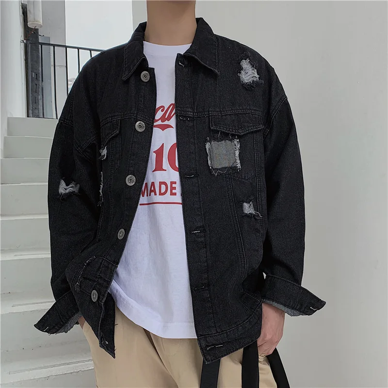 

2019 Autumn New Style with Holes Jacket Men's Hong Kong Style Loose-Fit Jacket Teenager Harajuku Coat Male STUDENT'S Korean-styl