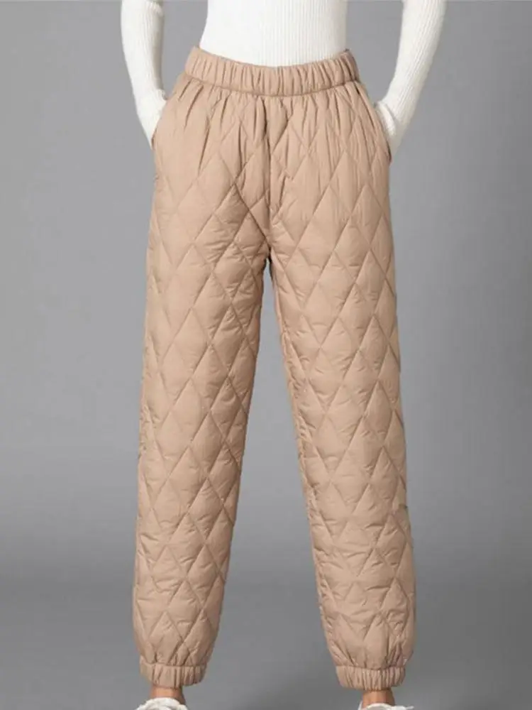 Women Winter Warm Down Cotton Pants Padded Quilted Trousers Elastic Waist Casual Trousers