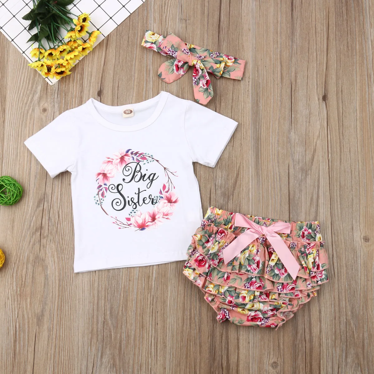 Комплект одинаковой одежды «Big Little Sister» футболка для маленьких девочек топы, штаны с цветочным принтом, повязка на голову, комплект из 3 предметов комплект повседневной одежды для малышей