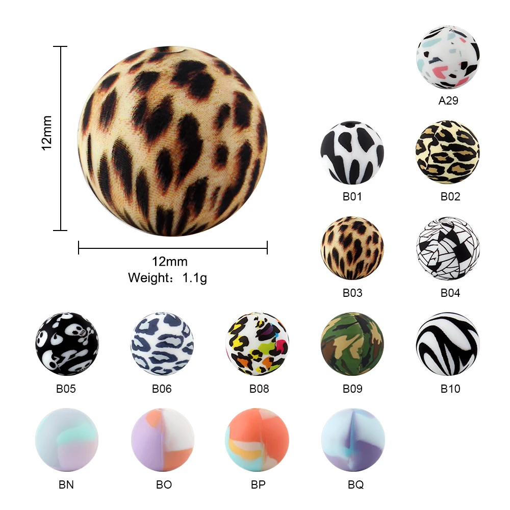20pcs 12mm Silicone Beads Terrazzo Leopard Print Round Ball Pearl DIY Chewable Baby Safe Teether Toys Baby Teething Beads