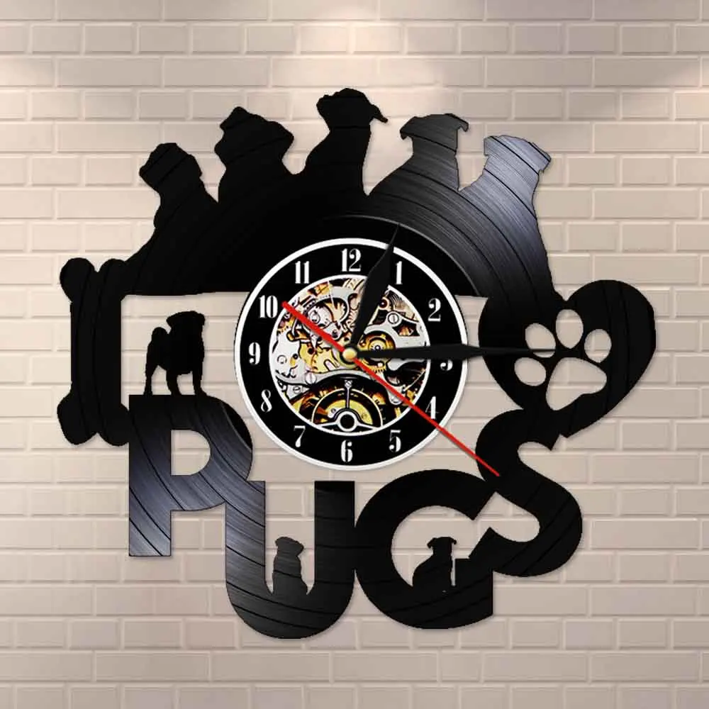 Pug Time Funny Puppy Cute Dog Vintage Vinyl Record Wall Clock Silent Movement Retro LP Arts &amp Crafts Decorative Watch | Дом и сад
