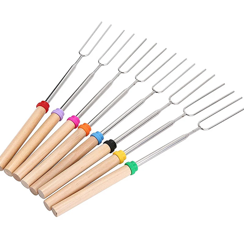 

Stainless steel barbecue fork Outdoor BBQ Fork U Shape Retractable Wooden Handle Telescopic Skewer Barbecue Cooking grill bar