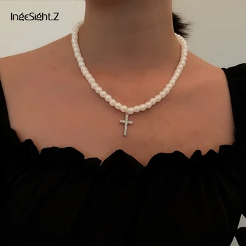 

IngeSight.Z Punk Shiny Rhinestone Crystal Cross Pendant Necklace Boho Imitation Pearl Choker Necklaces Collar for Women Jewelry