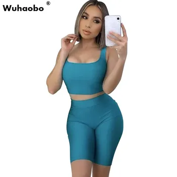 

Wuhaobo Casual Tracksuit Two Piece Set 2020 Summer Sexy Crop Tops And Biker Shorts Bodycon Sets Women Sportswear Outfits