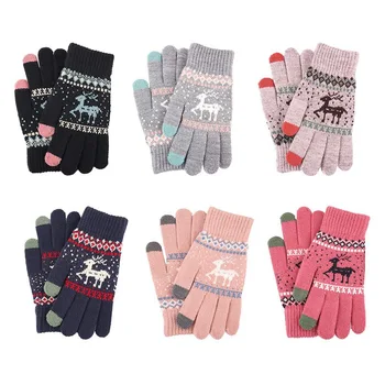 

Winter Fashion Touch Screen Gloves Women Girl Cute Cartoon Cat Printed Wool Knitted Full Finger Mittens For Girls Christmas