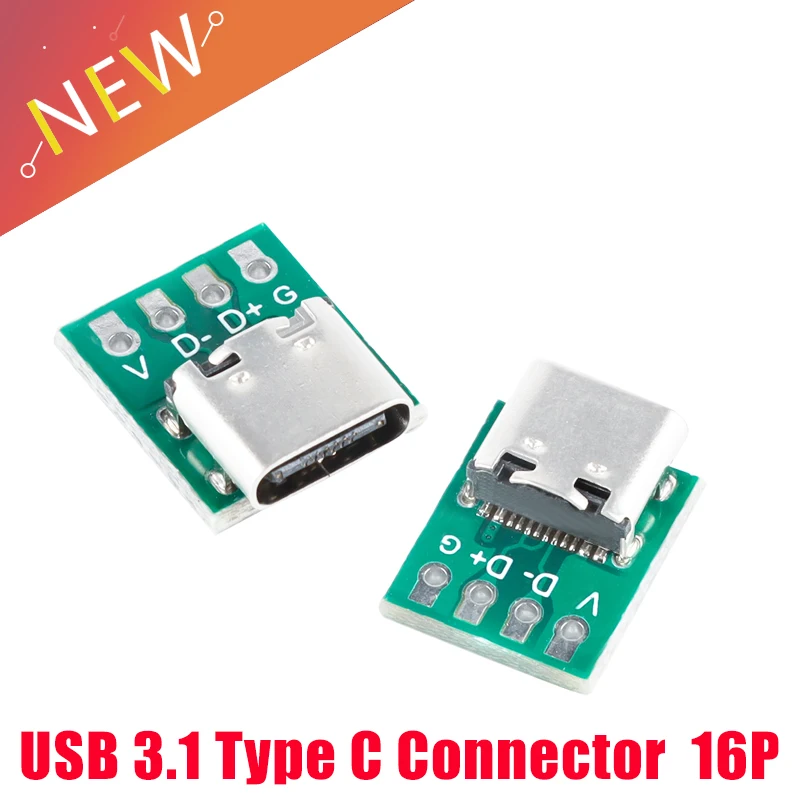 10/5/1Pcs USB 3.1 Type C Connector 16 Pin Test PCB Board Adapter 16P