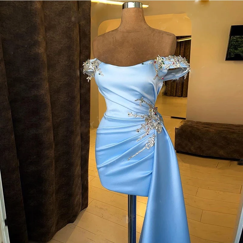 Sky Blue Asymmetrical Cocktail Dresses Off The Shoulder Beads Shiny Short Evening Party Gowns Made Mermaid Prom Dress