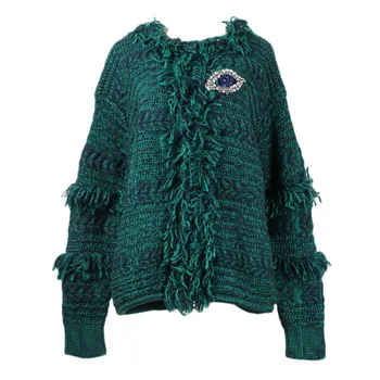 

luxury designer runway knitted sweater women cardigans mohair sweater jacket long sleeve single button jumper O-Neck Tassel
