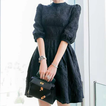 

2020 Fall New Style Middle Sleeve Elegant Temperament Slim Fit Pleated Black Dress Women'S Clothing High Quality