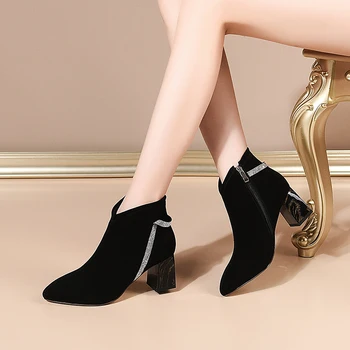 

Elegant Rhinestone Women Ankle Boots suede Leather Concise Shoes Woman 2021 Winter Newest Party Thick high Heels Boots
