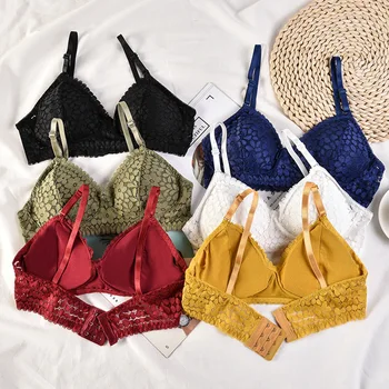 

Girls Wireless Soft Triangle Cup French Style Lace Seamless Women Lingerie Thin Bralette Deep V Bra Underwear