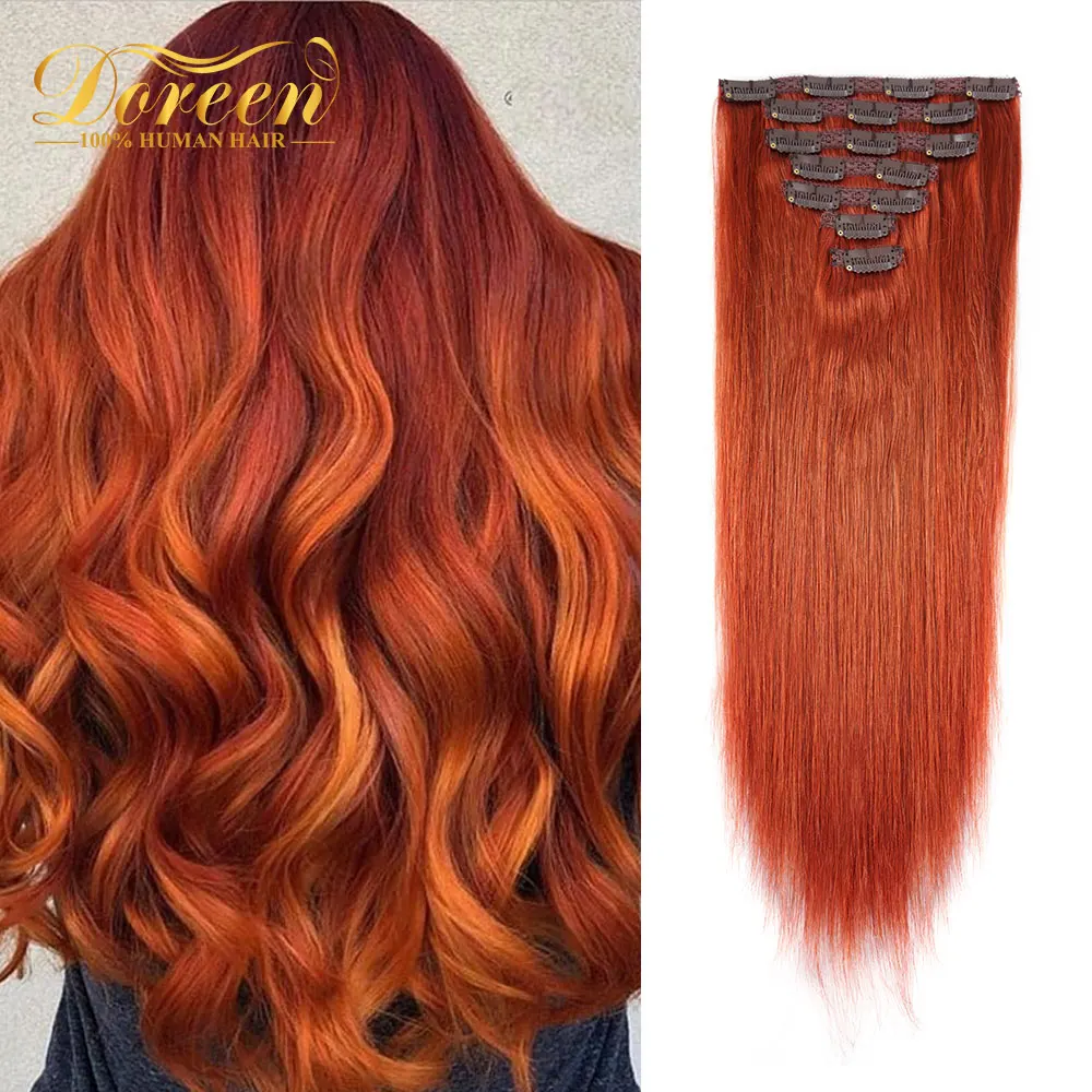 Doreen Brazilian Machine Made Remy Hair 14 to 24 120G #350 Copper Red Natural Straight Clip In Extensions Real Human hair | Шиньоны и