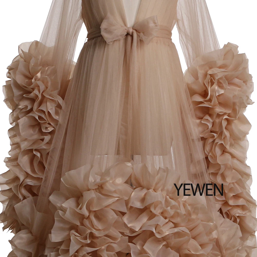 YEWEN Organza Pink Maternity Dress Flower Evening Dresses Long Sleeves Photography Prom Dress dinner gown
