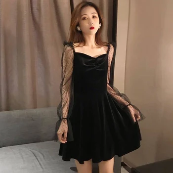 

Black Lace Stitching Dress Women Spring Sexy Velvet Dot High Waist A-Line Dress Female Summer Elegant Mesh Party Dresses Casual