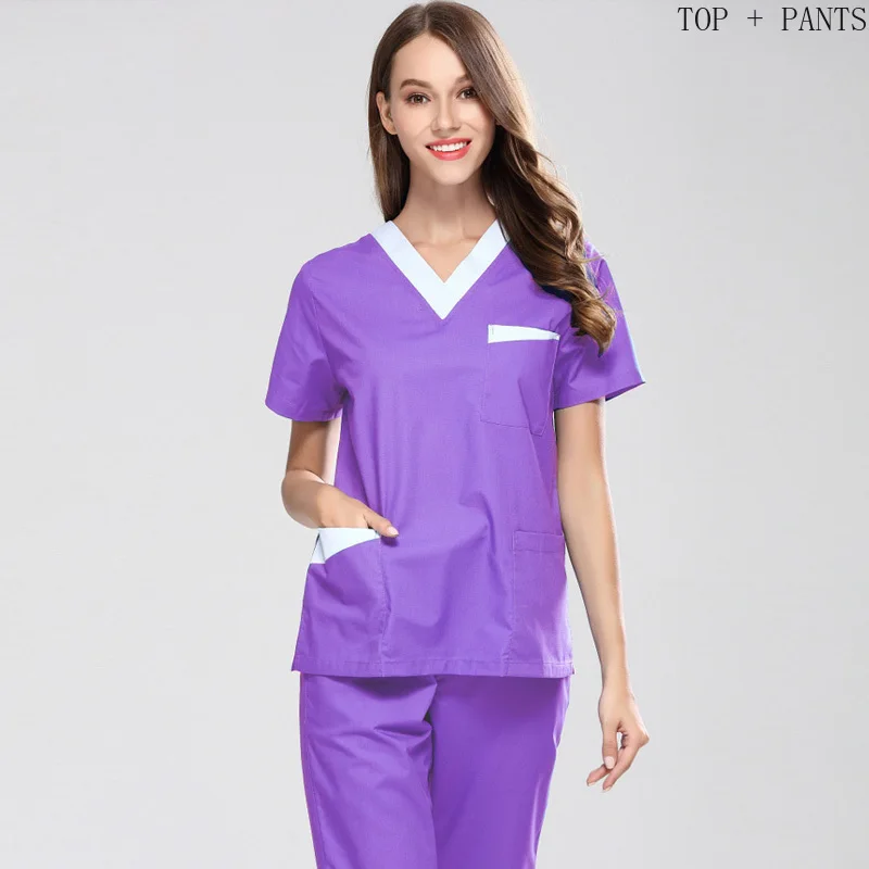 light purple SET Цветной блокирующий доктор медсестры скрабы с коротким рукавом скраб-топ боковые вентиляционные брюки санитара для женщин Bog карманы хлопок медицинская униформа - Цвет: light purple SET