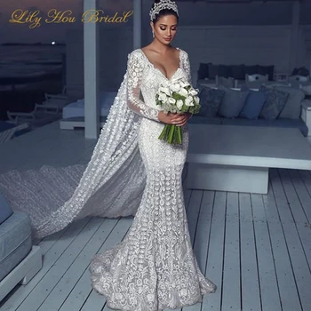 

2020 Luxury Long Sleeve Wedding Dress Deep V Neck Backless Floral Appliques Mermaid Bridal Gowns