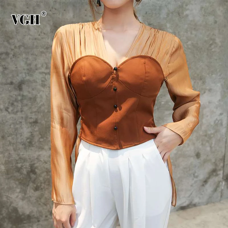 

VGH Vintage Bowknot Patchwork Hit Color Women's Shirt V Neck Long Sleeve Casual Summer Blouses Female 2019 Fashion Tide Clothes