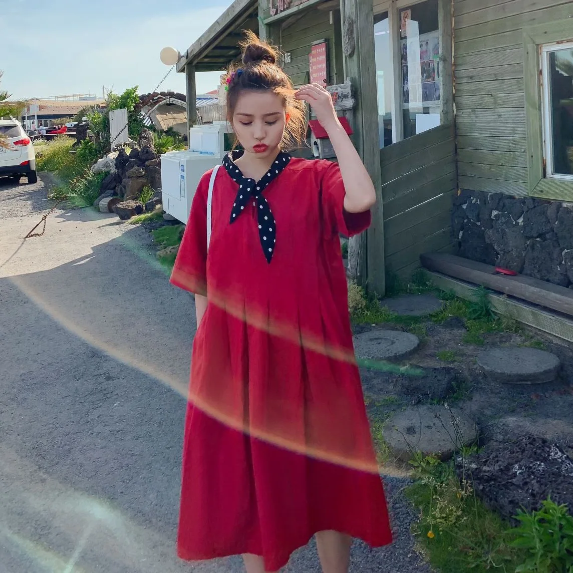 

Photo Shoot College Style Short-height Cotton Linen Red Polka Dot Tie Knot Collar by Age Fresh Loose And Plus-sized A- line Dres