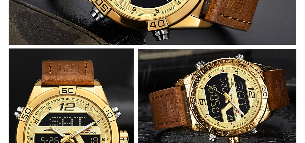 NAVIFORCE Business Watch for Men Genuine Leather Dual Display Digital Clock Waterproof Dial Fashion Wristwatch Relogio Masculino