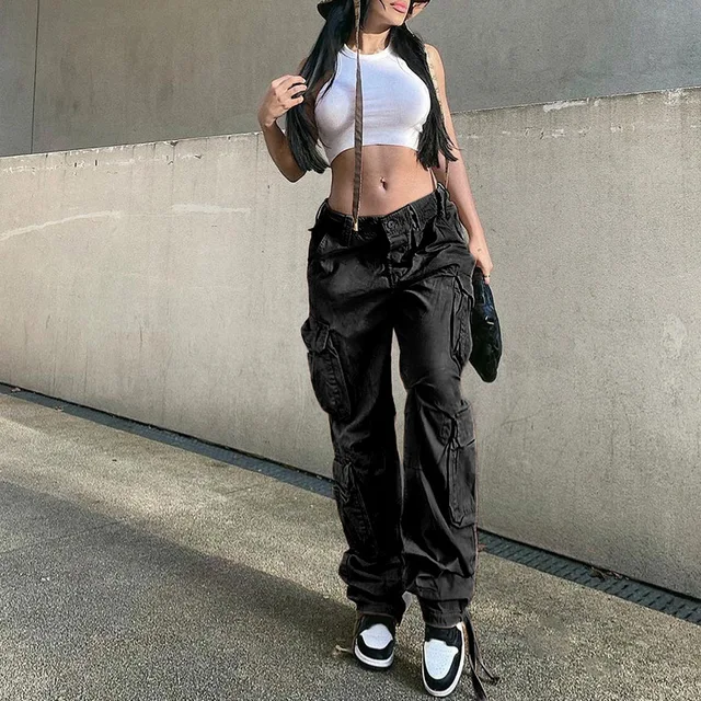 WeiYao Khaki Solid Baggy Cargo Pants Women Low Waist Mom Jeans Vintage 90s Grunge Streetwear Casual Hippie Denim Trousers black