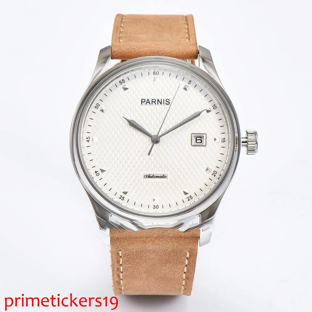

Hot automatic self-winding 43mm Parnis white dial leather strap date adjust movement mechanical men's wristwatches PA522