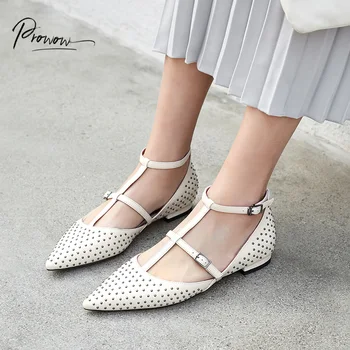 

Prowow New Style Spring Summer Women Flat Shoes Pink Pointed Toe Metal Studded Buckle Women Casual Comfortable Flat Shoes Woman